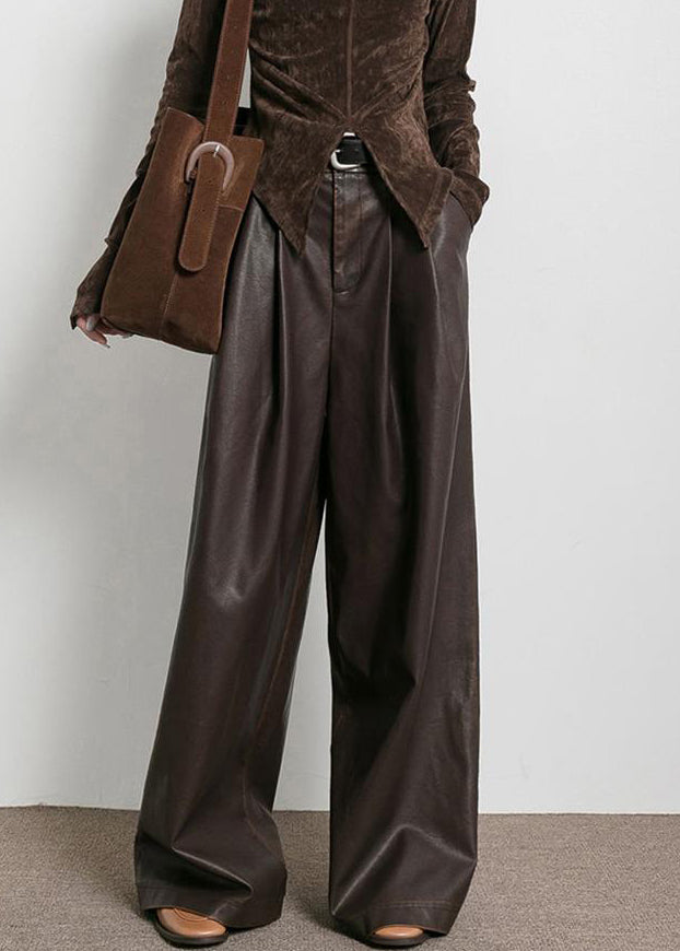 Brown Pockets High Waist Faux Leather Pants
