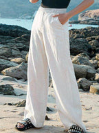 Women's Linen Pants - Wide Leg High Waist Elasticated Waistband with Pockets