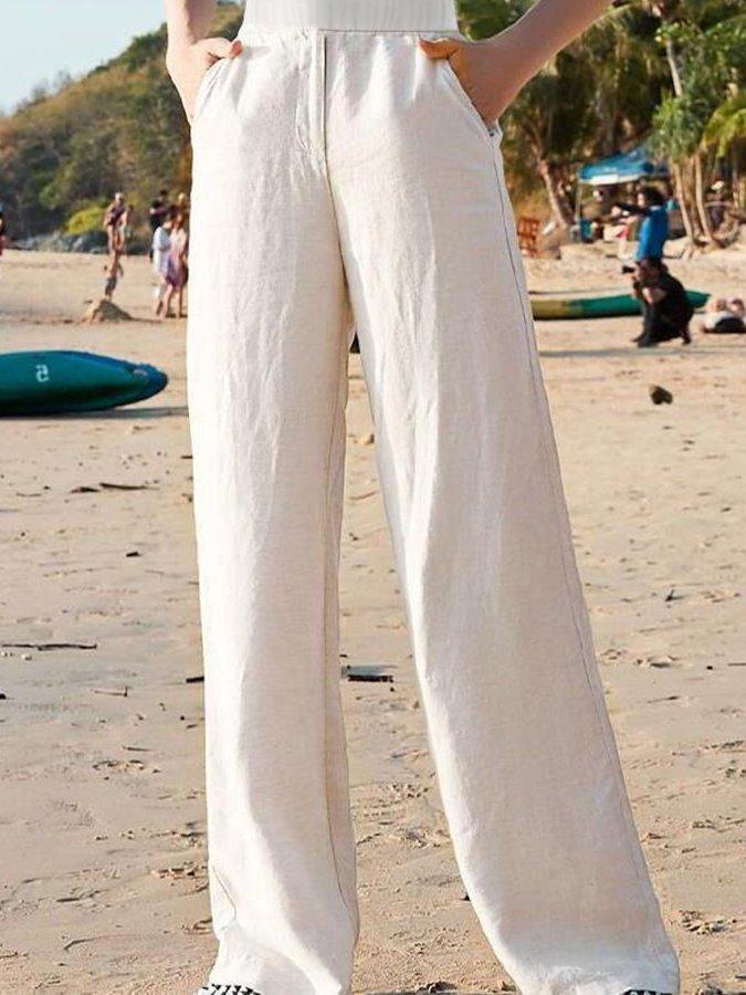 Women's Linen Pants - Wide Leg High Waist Elasticated Waistband with Pockets
