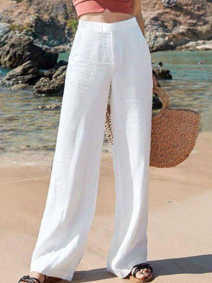 Women's Linen Pants - Wide Leg High Waist Elasticated Waistband with Pockets