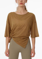 Khaki Patchwork Short Sleeve Smock Yoga Top