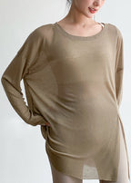 Loose Khaki O-Neck Thin Yoga Smock Top