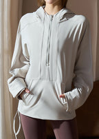 Modern Light Grey Pockets Patchwork Hooded Yoga Coats