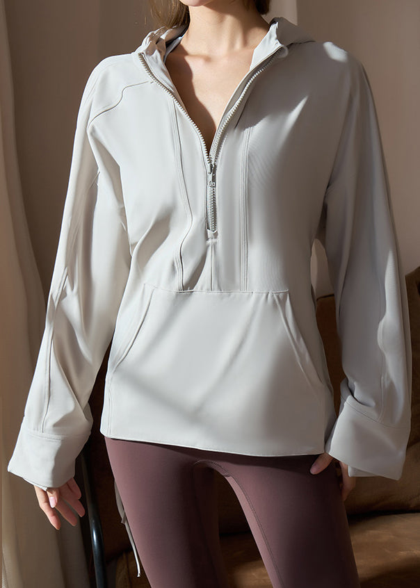 Modern Light Grey Pockets Patchwork Hooded Yoga Coats
