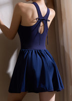 Navy Patchwork Bow Tie Waist Tennis Dress Sleeveless
