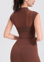 New Coffee Mesh Panel Leggings Short Sleeve Yoga Top