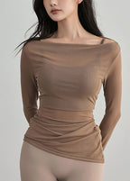 Original Coffee Slash Neck Wrinkled Tulle Yoga Top