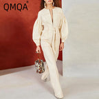QMQA Fashion Women's Solid High Street Jumpsuit Round Neck Long Sleeved Patchwork Work Lace Casual Chic Jumpsuit 2025 New QM473
