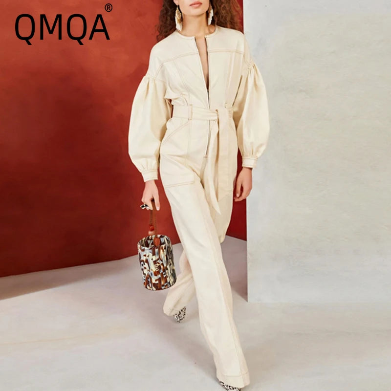 QMQA Fashion Women's Solid High Street Jumpsuit Round Neck Long Sleeved Patchwork Work Lace Casual Chic Jumpsuit 2025 New QM473