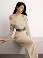 Modelyn Women's Fashionable Commuter Solid Color Asymmetric Collar Wide Leg Jumpsuit (Without Obi )