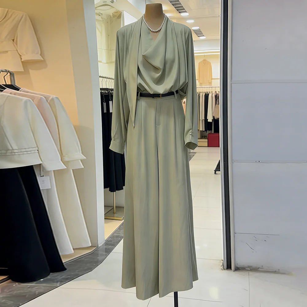 TWOTWINSTYLE Fashion Solid Two Piece Sets for Women Swinging Neck Long Sleeve Top High Waist Wide Leg Pant Casual Set Female New