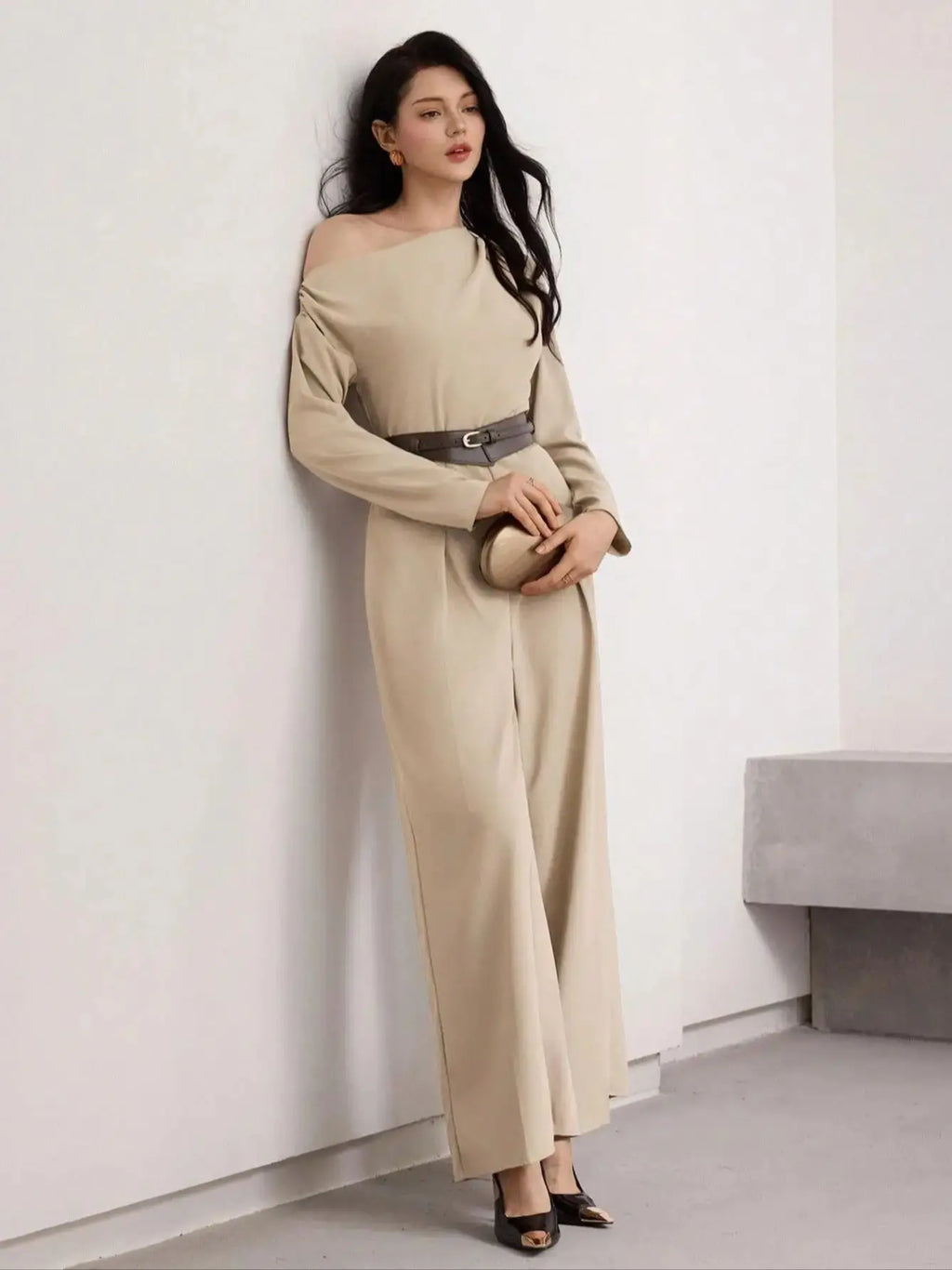 Modelyn Women's Fashionable Commuter Solid Color Asymmetric Collar Wide Leg Jumpsuit (Without Obi )
