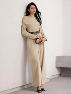 Modelyn Women's Fashionable Commuter Solid Color Asymmetric Collar Wide Leg Jumpsuit (Without Obi )