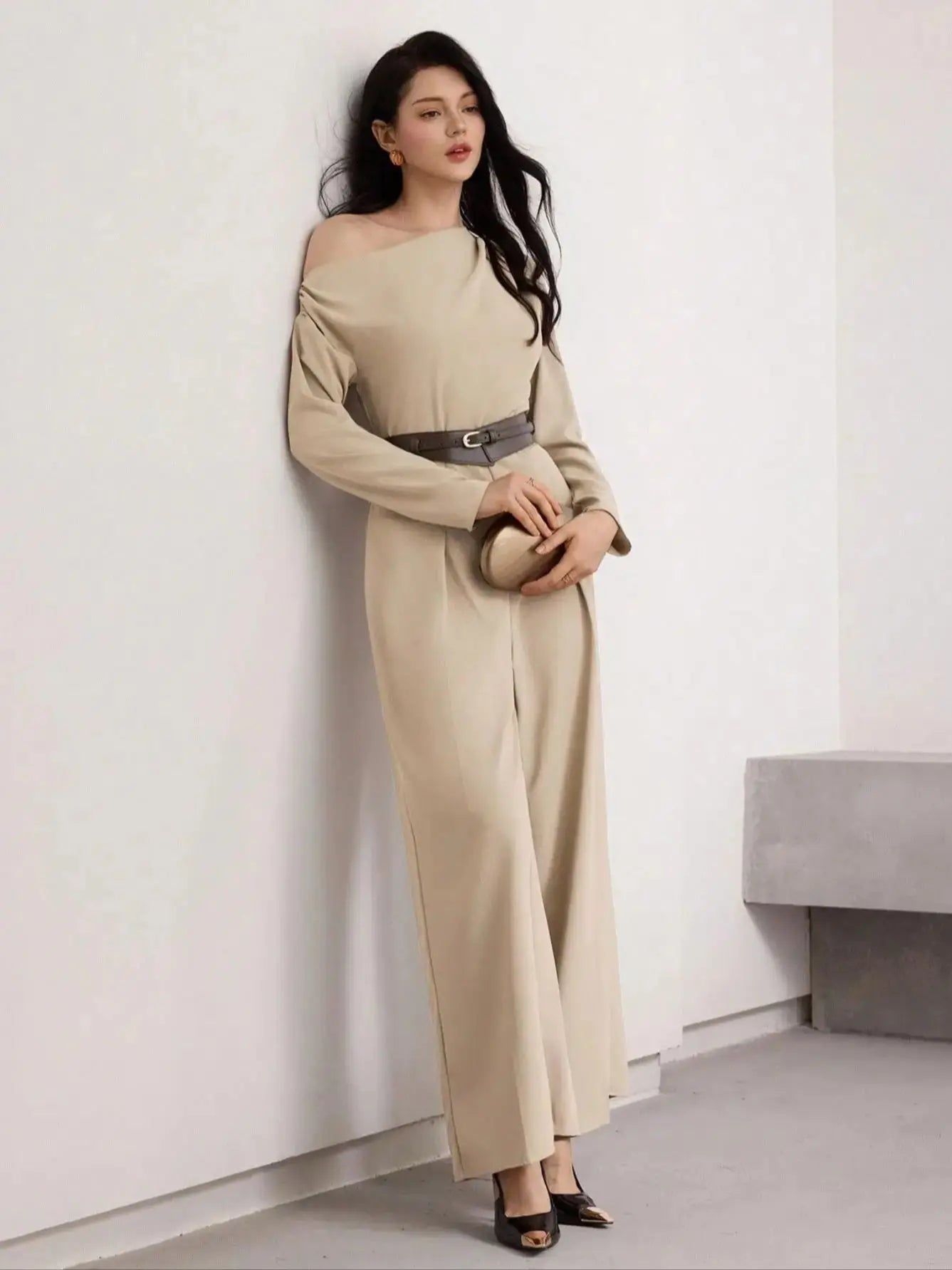 Modelyn Women's Fashionable Commuter Solid Color Asymmetric Collar Wide Leg Jumpsuit (Without Obi )