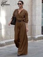 Oymimi Elegant Brown 2 Pieces Women Outfit Set Fashion O-Neck Three Quarter Sleeve Shirts And High Waisted Straight Pants Sets
