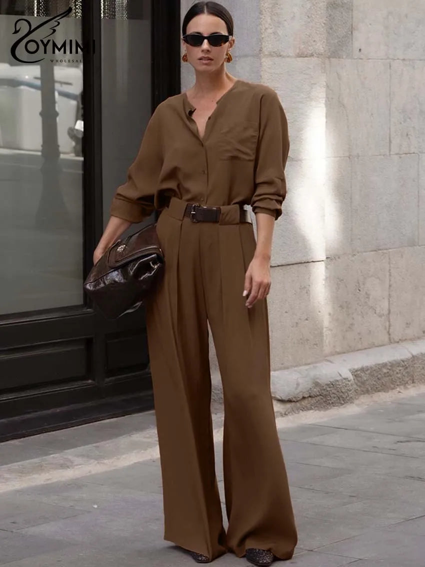 Oymimi Elegant Brown 2 Pieces Women Outfit Set Fashion O-Neck Three Quarter Sleeve Shirts And High Waisted Straight Pants Sets