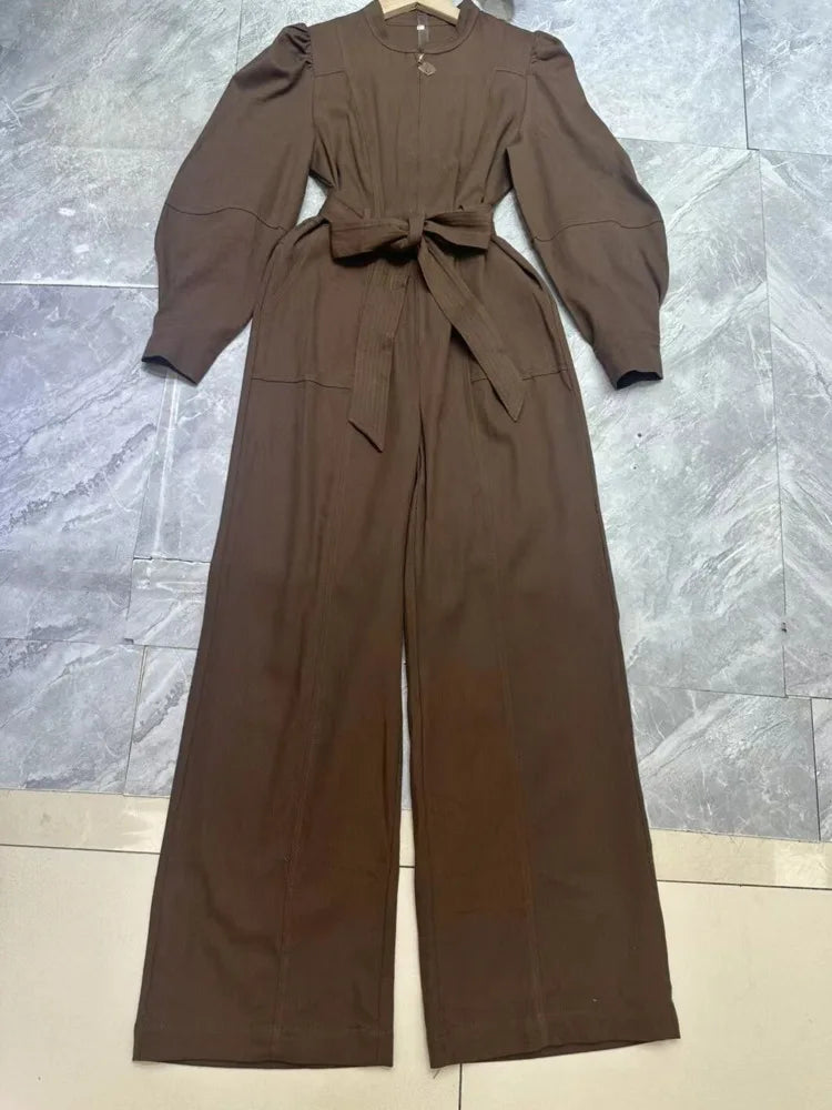 QMQA Fashion Women's Solid High Street Jumpsuit Round Neck Long Sleeved Patchwork Work Lace Casual Chic Jumpsuit 2025 New QM473
