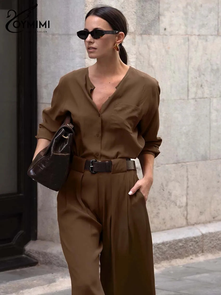 Oymimi Elegant Brown 2 Pieces Women Outfit Set Fashion O-Neck Three Quarter Sleeve Shirts And High Waisted Straight Pants Sets