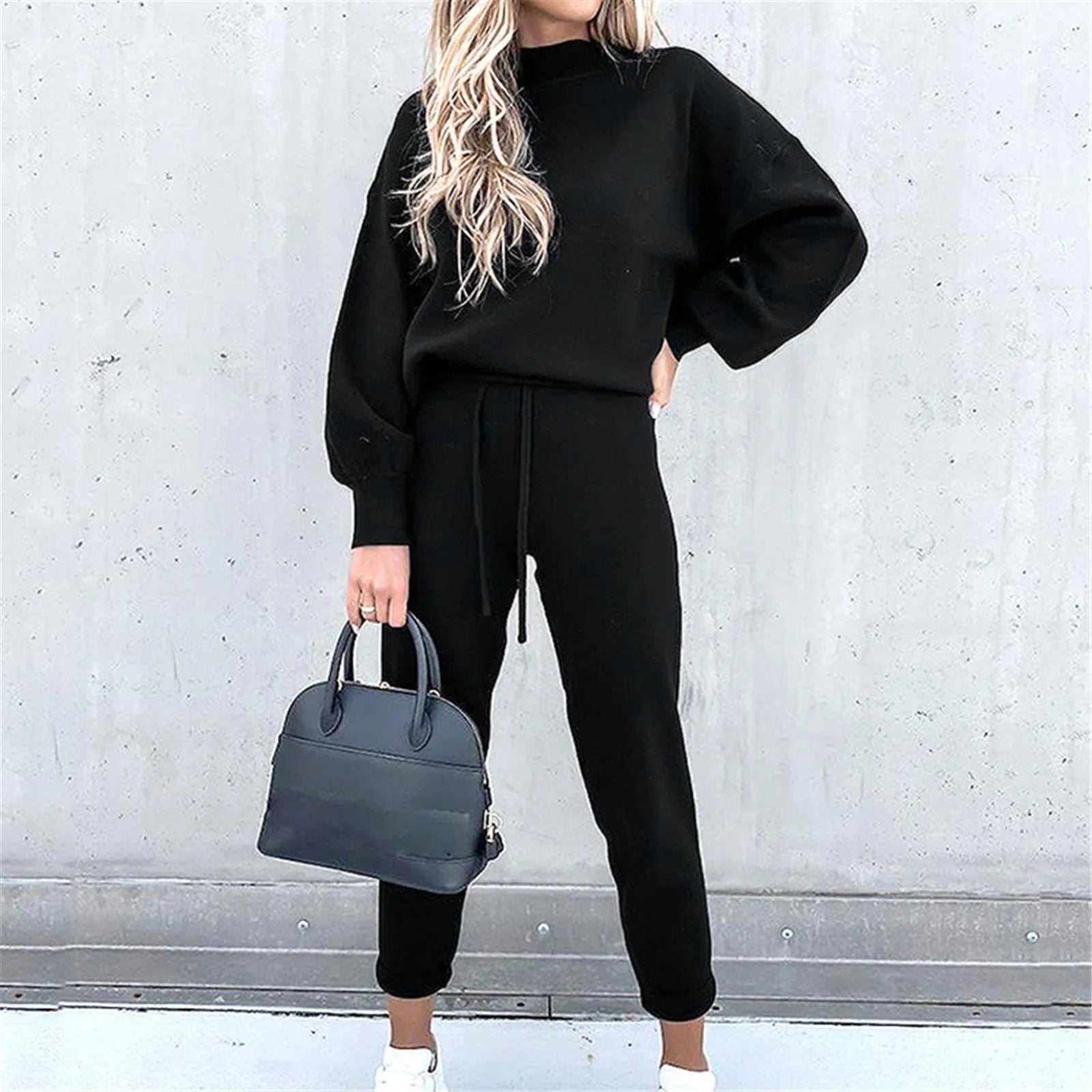 Elegant Cozy Women Two Piece Set Mock Neck Long Sleeve Top Popular Tie Waist Jogger Pants Loose Fit Comfy Casual Lounge Outfit