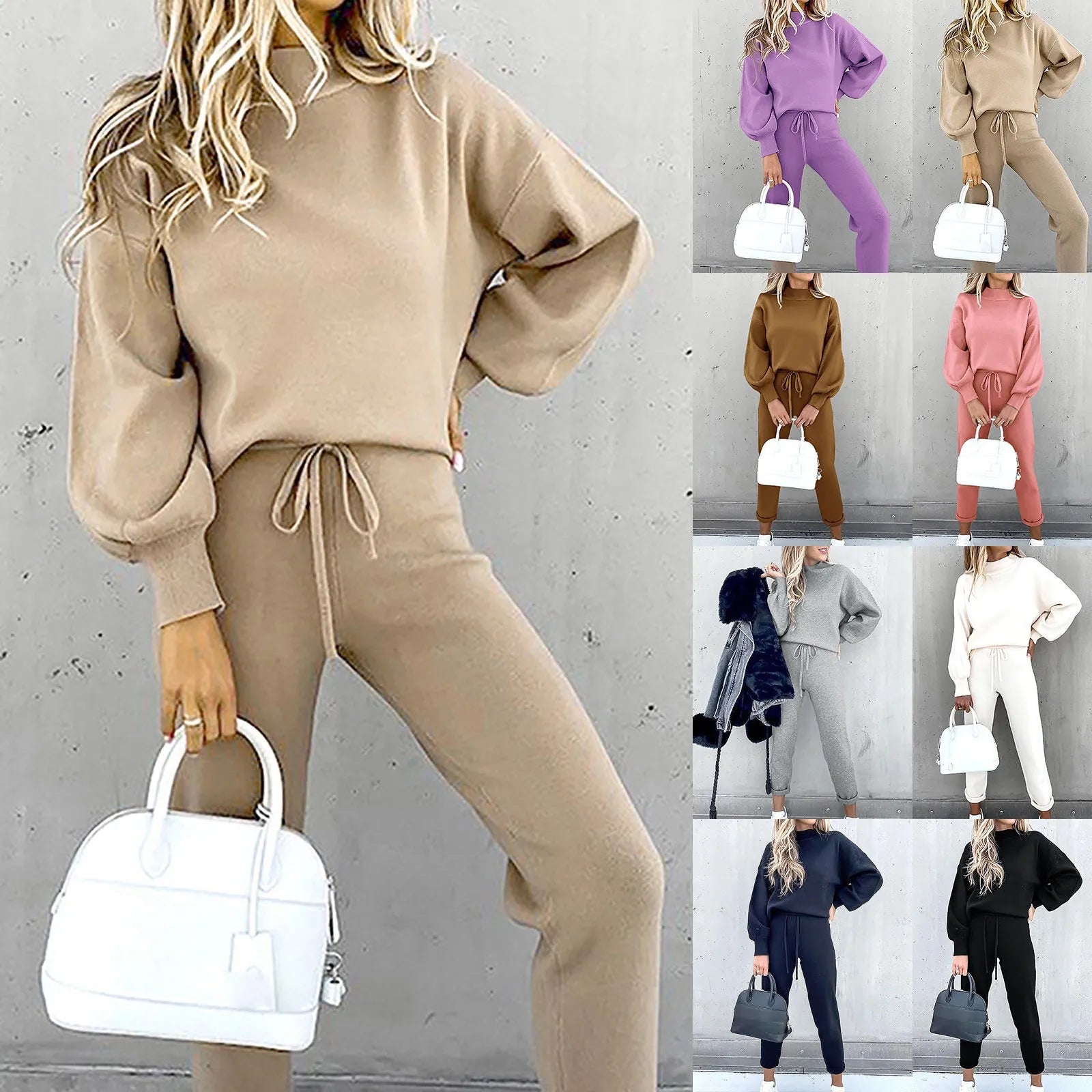 Elegant Cozy Women Two Piece Set Mock Neck Long Sleeve Top Popular Tie Waist Jogger Pants Loose Fit Comfy Casual Lounge Outfit