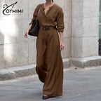 Oymimi Elegant Brown 2 Pieces Women Outfit Set Fashion O-Neck Three Quarter Sleeve Shirts And High Waisted Straight Pants Sets