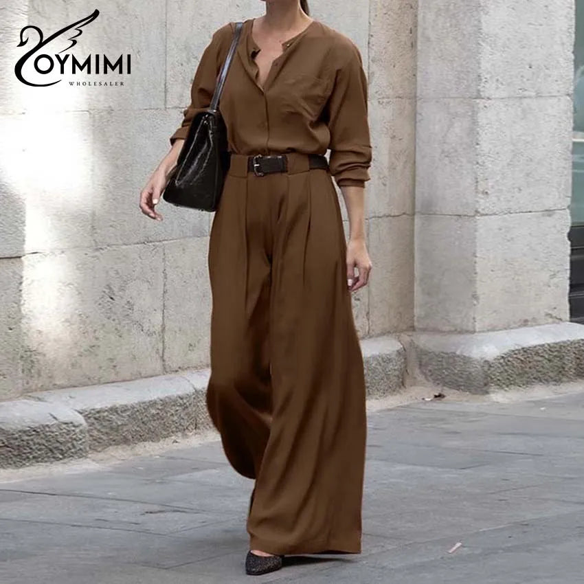 Oymimi Elegant Brown 2 Pieces Women Outfit Set Fashion O-Neck Three Quarter Sleeve Shirts And High Waisted Straight Pants Sets
