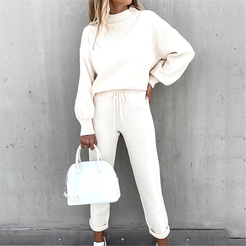 Elegant Cozy Women Two Piece Set Mock Neck Long Sleeve Top Popular Tie Waist Jogger Pants Loose Fit Comfy Casual Lounge Outfit