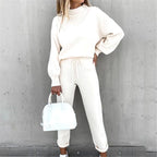 Elegant Cozy Women Two Piece Set Mock Neck Long Sleeve Top Popular Tie Waist Jogger Pants Loose Fit Comfy Casual Lounge Outfit