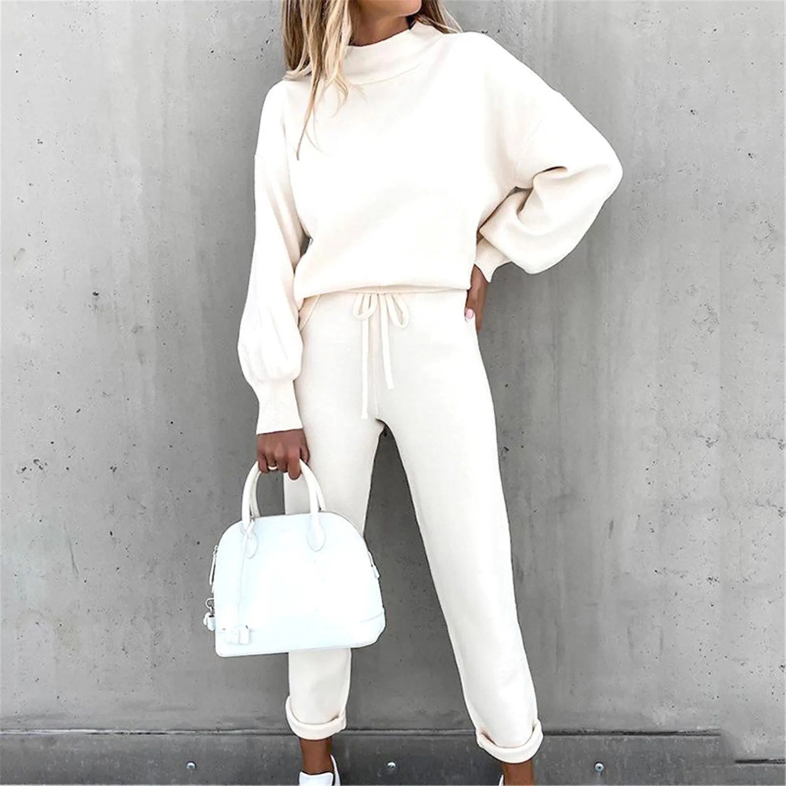 Elegant Cozy Women Two Piece Set Mock Neck Long Sleeve Top Popular Tie Waist Jogger Pants Loose Fit Comfy Casual Lounge Outfit