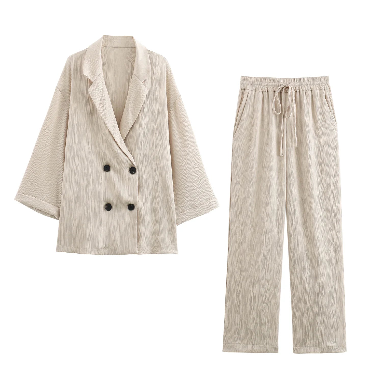 2024 Autumn Women Casual Blazer Coat Pants Set Long Sleeve Double Breasted Blazer + Wide Leg Trousers Lady Office Outfit
