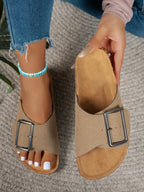 Women's Summer Spring and Autumn Casual Simple Large Buckle Suede Upper Soft Wood Grain Comfortable Flat Heel Slip-On Beach Slippers