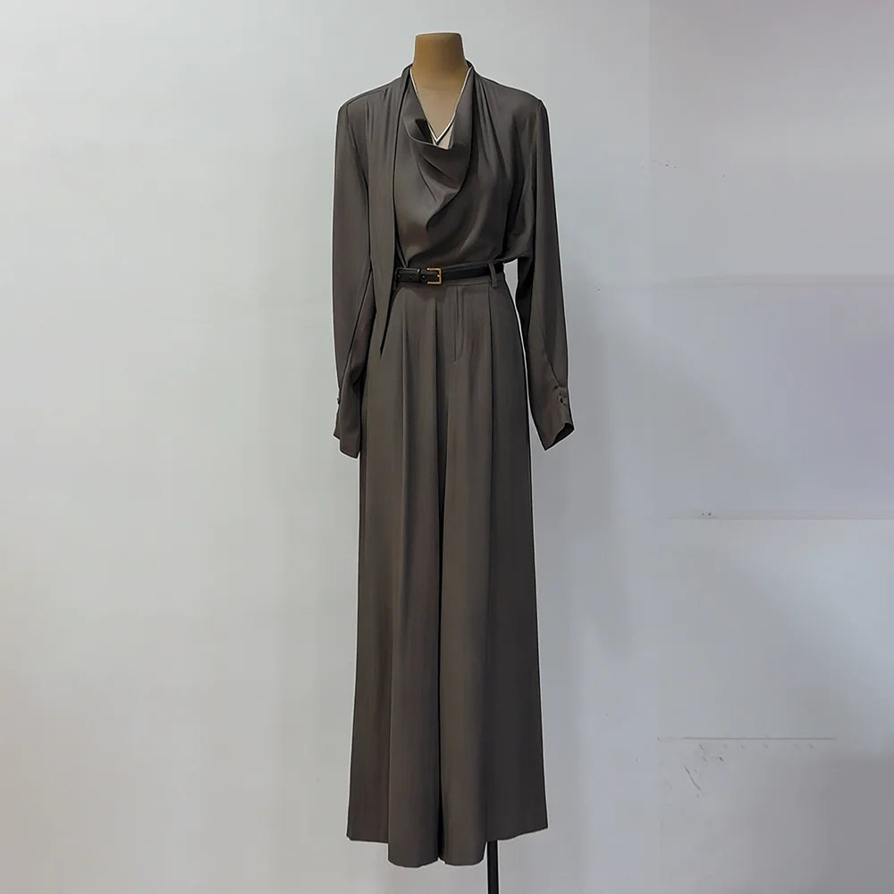 TWOTWINSTYLE Fashion Solid Two Piece Sets for Women Swinging Neck Long Sleeve Top High Waist Wide Leg Pant Casual Set Female New