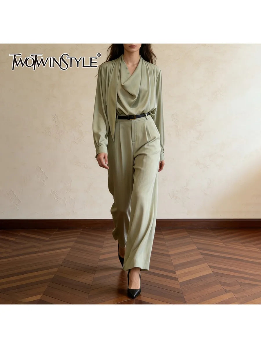 TWOTWINSTYLE Fashion Solid Two Piece Sets for Women Swinging Neck Long Sleeve Top High Waist Wide Leg Pant Casual Set Female New