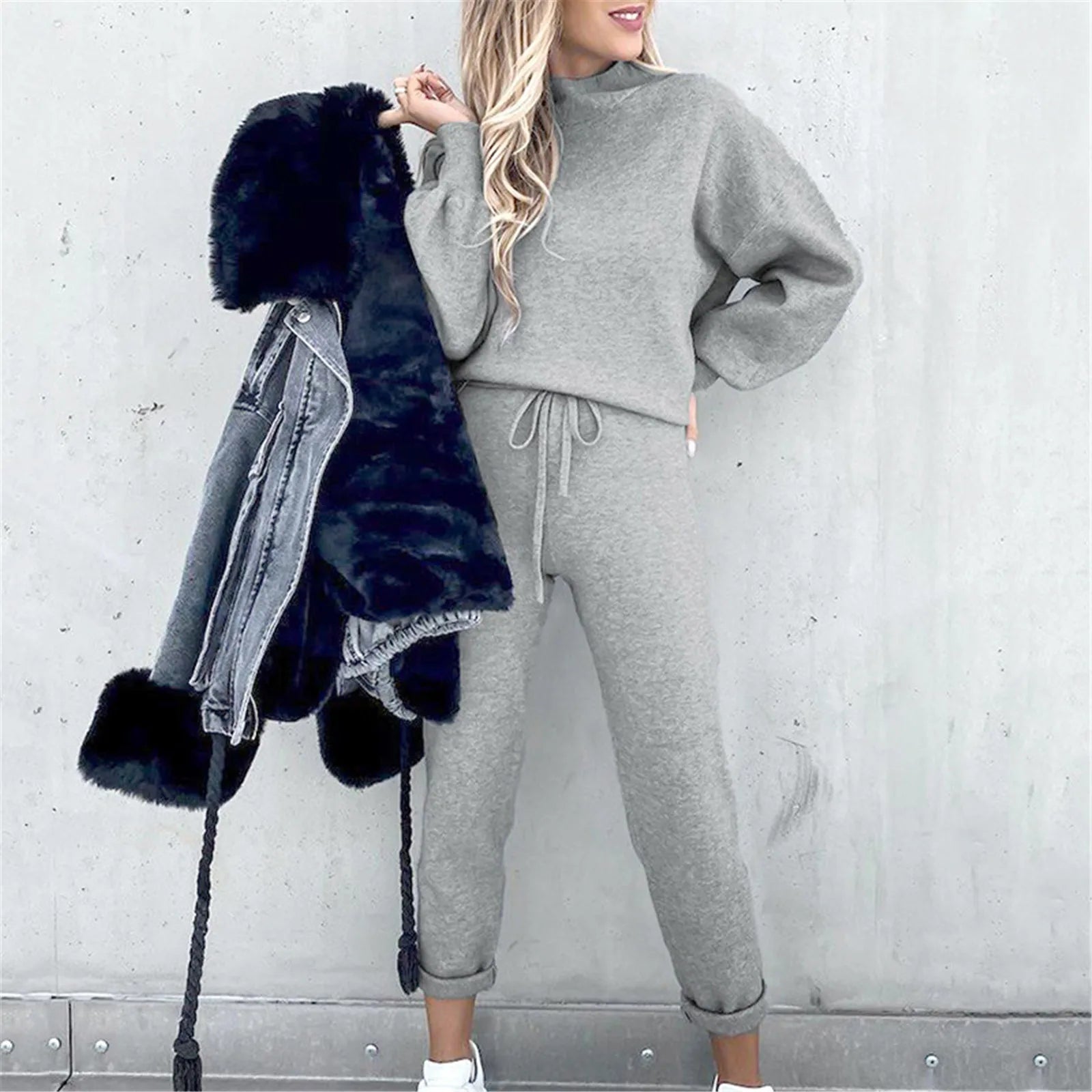 Elegant Cozy Women Two Piece Set Mock Neck Long Sleeve Top Popular Tie Waist Jogger Pants Loose Fit Comfy Casual Lounge Outfit