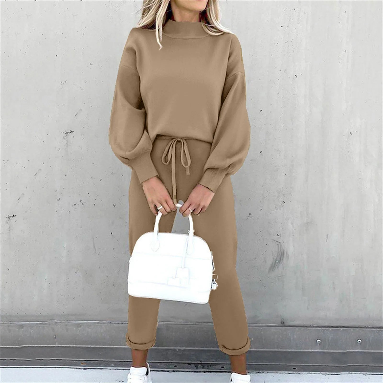 Elegant Cozy Women Two Piece Set Mock Neck Long Sleeve Top Popular Tie Waist Jogger Pants Loose Fit Comfy Casual Lounge Outfit