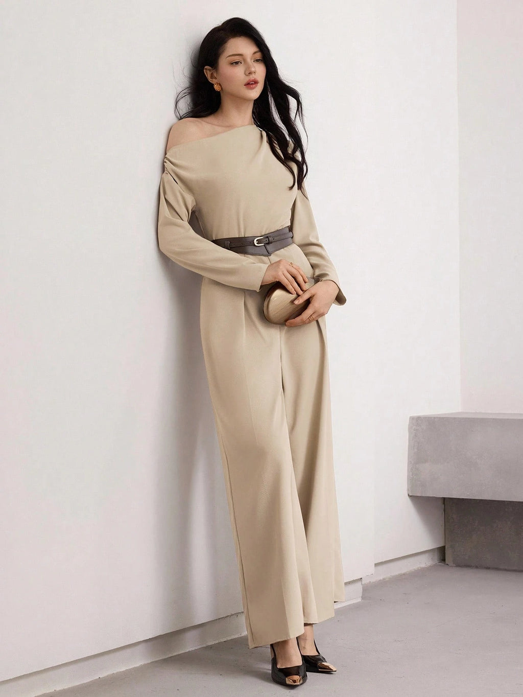 Modelyn Women's Fashionable Commuter Solid Color Asymmetric Collar Wide Leg Jumpsuit (Without Obi )