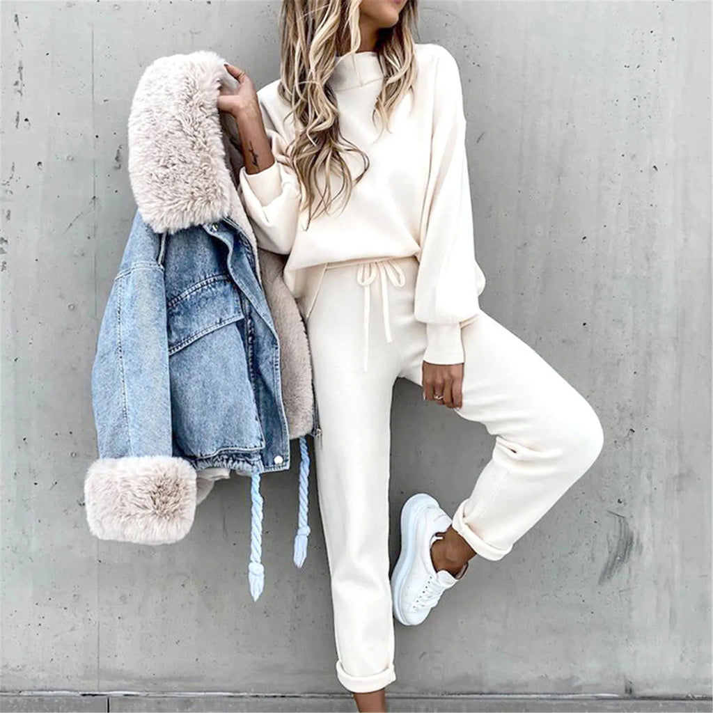 Elegant Cozy Women Two Piece Set Mock Neck Long Sleeve Top Popular Tie Waist Jogger Pants Loose Fit Comfy Casual Lounge Outfit