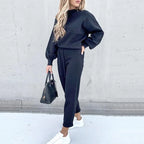 Elegant Cozy Women Two Piece Set Mock Neck Long Sleeve Top Popular Tie Waist Jogger Pants Loose Fit Comfy Casual Lounge Outfit