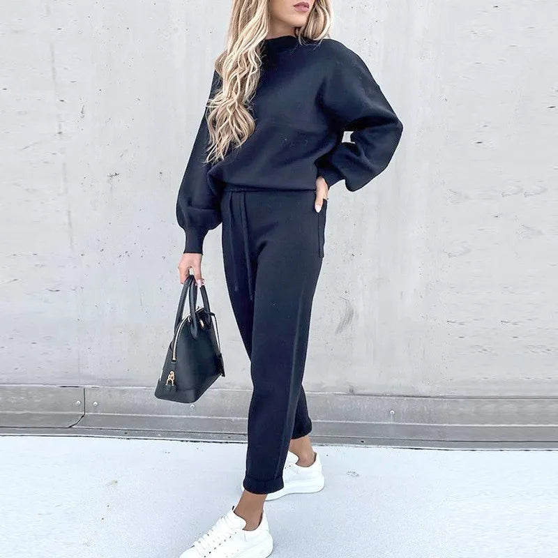 Elegant Cozy Women Two Piece Set Mock Neck Long Sleeve Top Popular Tie Waist Jogger Pants Loose Fit Comfy Casual Lounge Outfit