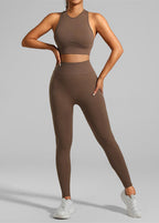 Slim Fit Coffee Solid Sports Bra And Seamless Yoga Pants Set