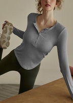 Slim Fit Green Patchwork Button Solid Yoga Top
