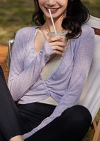Trendy Beige V Neck Print Tie Lace Long Sleeve Yoga Smock
