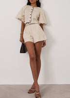Ellena Contrast Volume Sleeve Top | Almond/Black