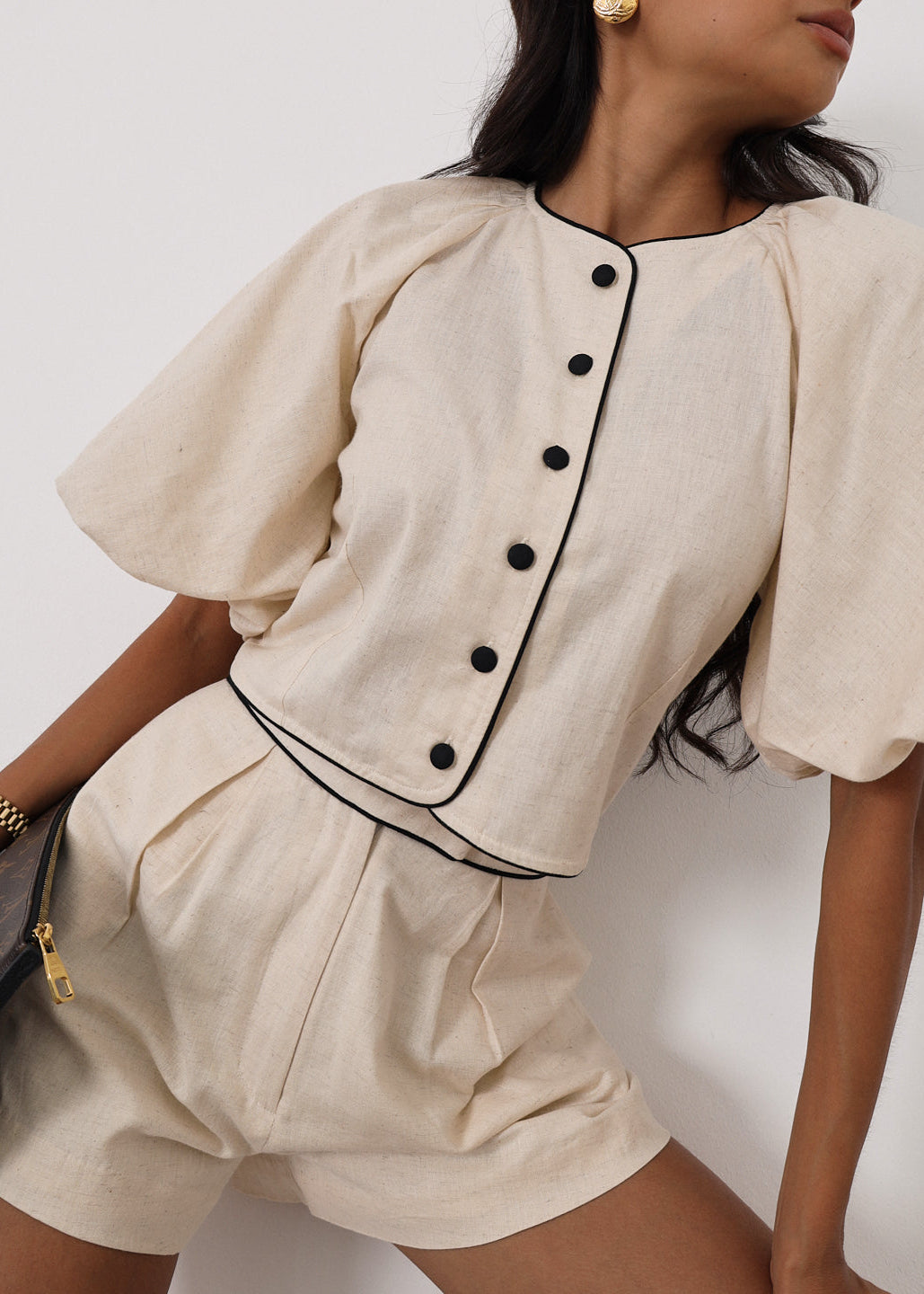 Ellena Contrast Detail Summer Shorts | Almond/Black