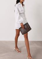 Morgan Tie Wrap Linen Skirt | White/Taupe