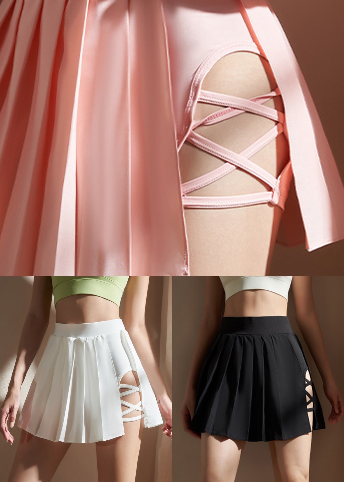 White Patchwork High Waist Solid Pleated Skirts