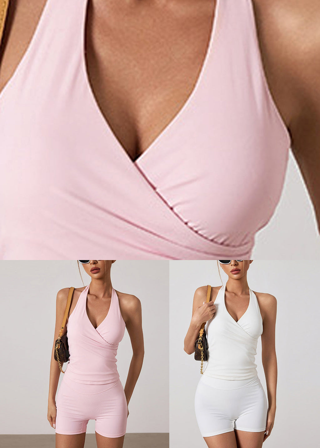 White V Neck High Waist Sports Bra And Leggings Set Suit