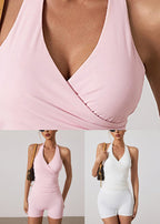 White V Neck High Waist Sports Bra And Leggings Set Suit