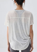 Women White Drawstring Short Sleeve Solid Yoga Top