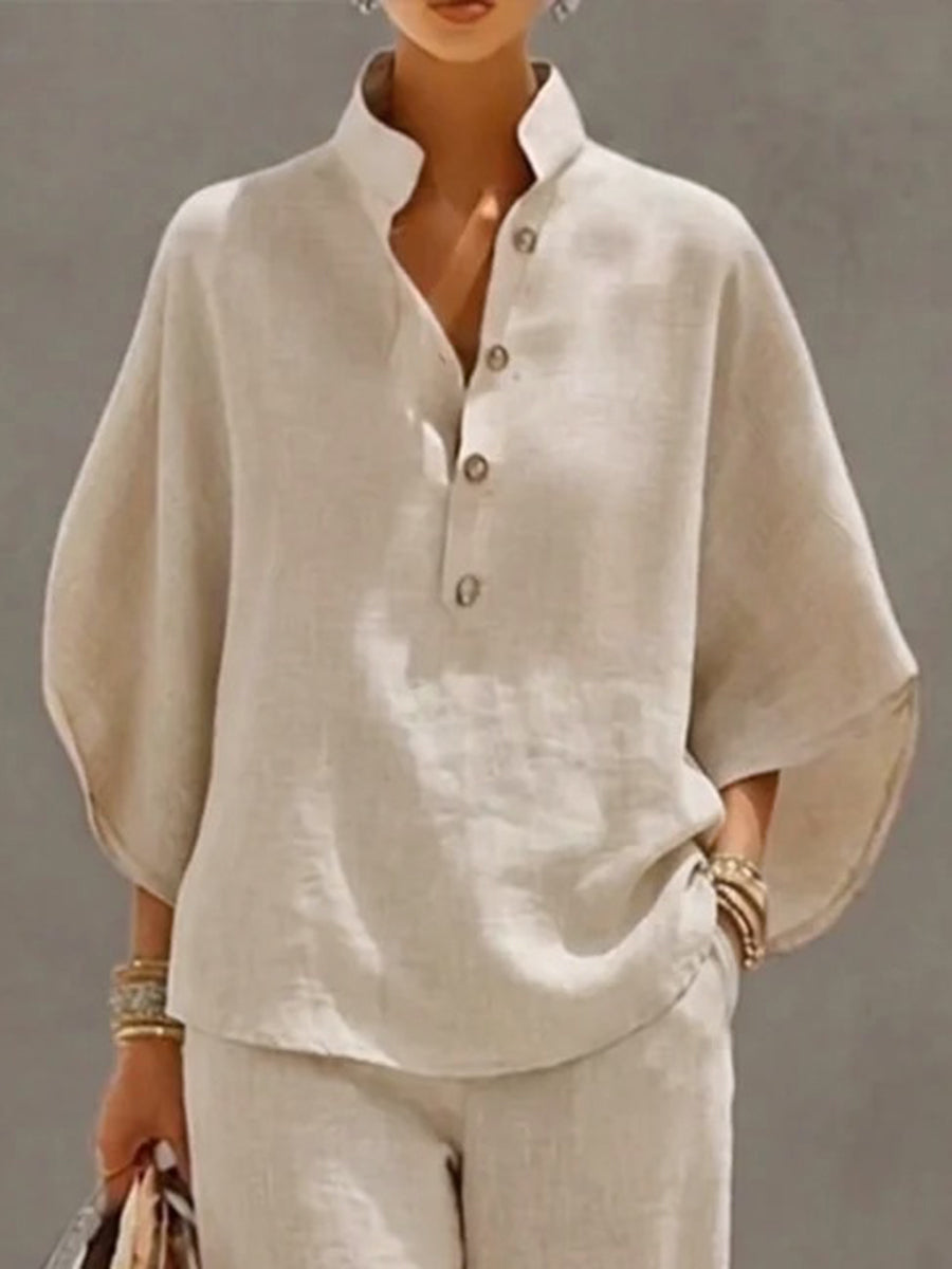 Collar Blouses+ High Waisted Pockets Pants Set